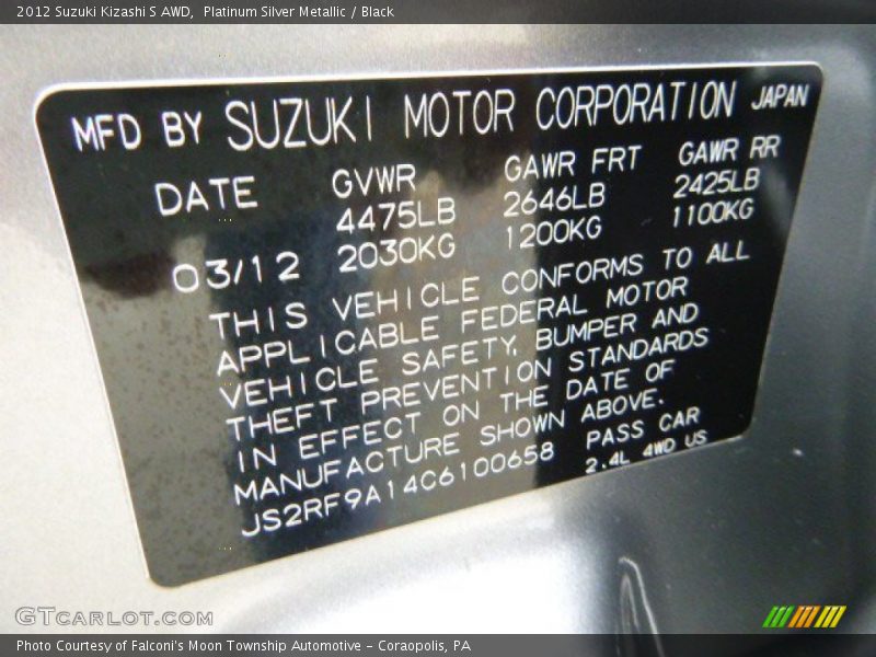 Platinum Silver Metallic / Black 2012 Suzuki Kizashi S AWD