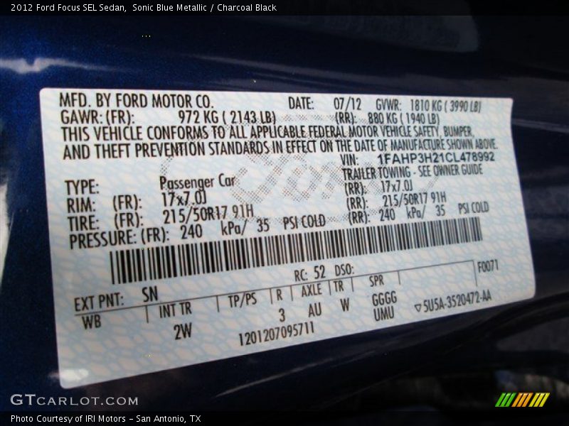 Sonic Blue Metallic / Charcoal Black 2012 Ford Focus SEL Sedan