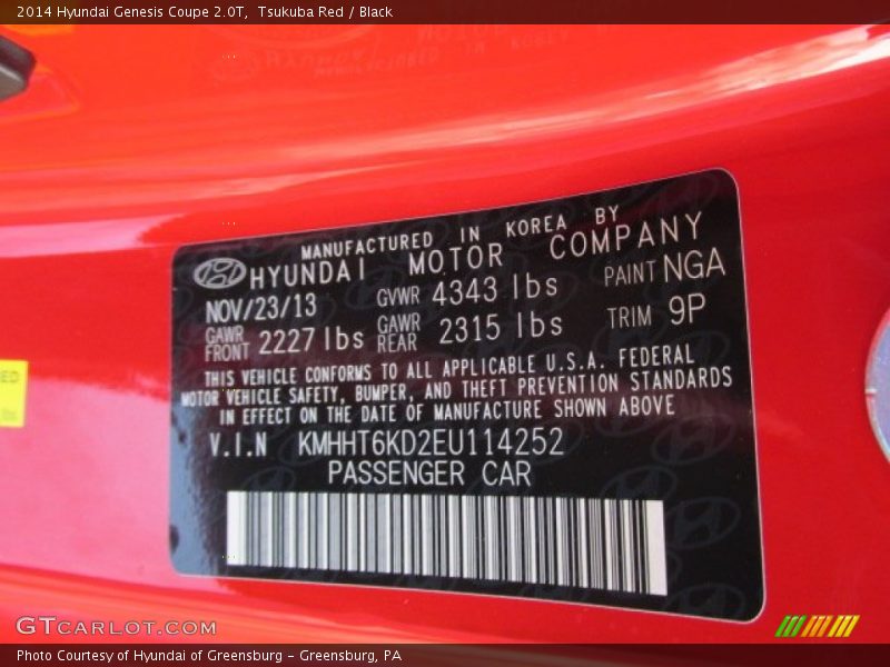 2014 Genesis Coupe 2.0T Tsukuba Red Color Code NGA