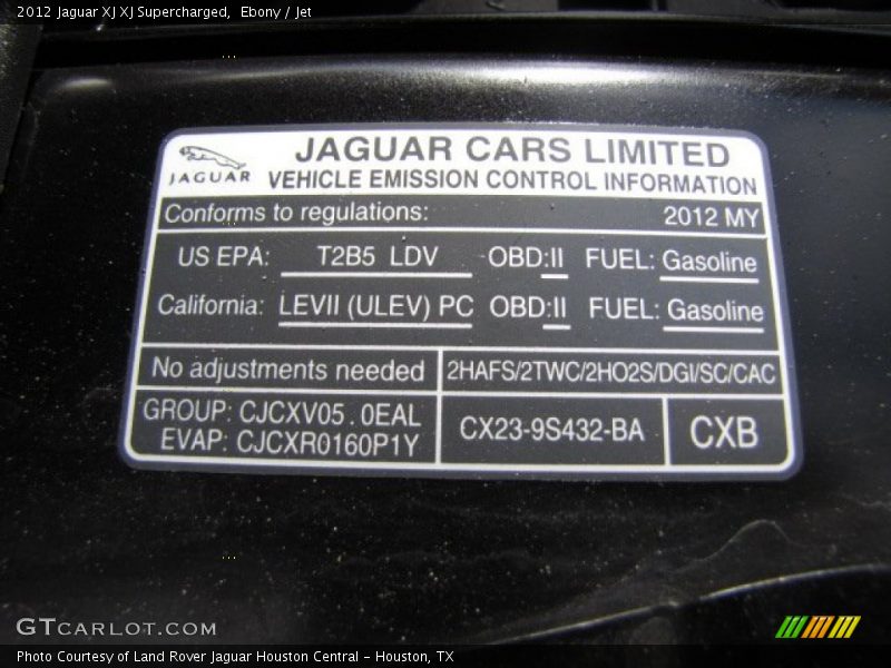 Info Tag of 2012 XJ XJ Supercharged