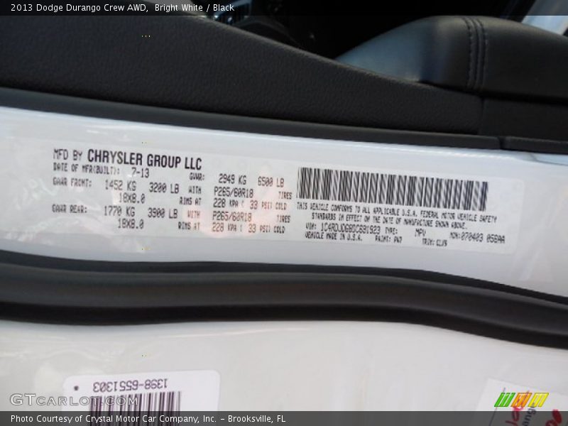 Bright White / Black 2013 Dodge Durango Crew AWD
