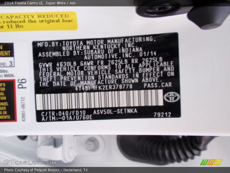 2014 Camry LE Super White Color Code 040