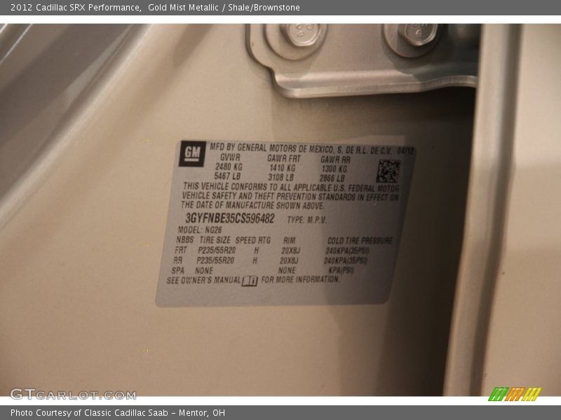 Gold Mist Metallic / Shale/Brownstone 2012 Cadillac SRX Performance