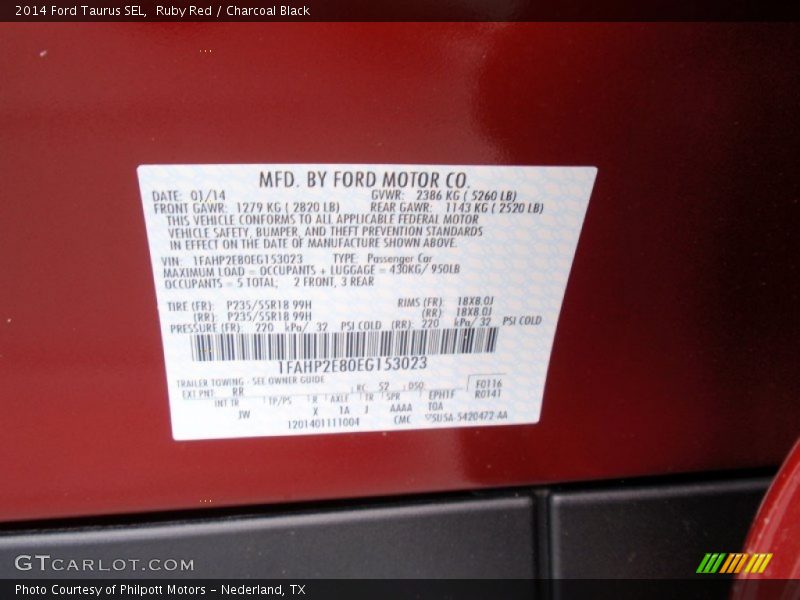 Ruby Red / Charcoal Black 2014 Ford Taurus SEL