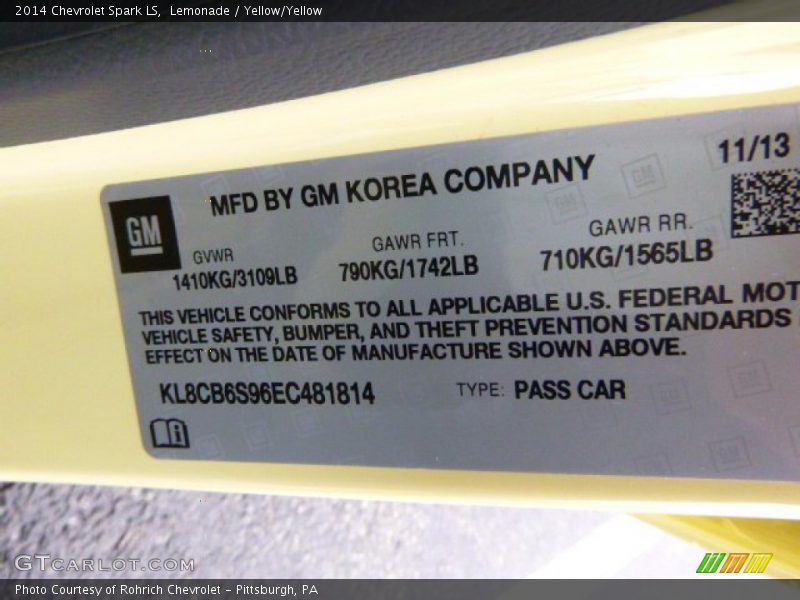 Lemonade / Yellow/Yellow 2014 Chevrolet Spark LS