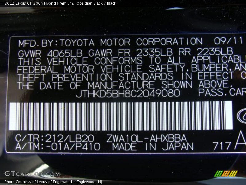 Obsidian Black / Black 2012 Lexus CT 200h Hybrid Premium