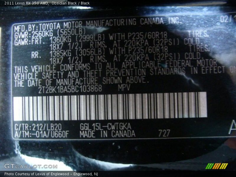 Obsidian Black / Black 2011 Lexus RX 350 AWD