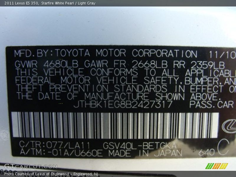 Starfire White Pearl / Light Gray 2011 Lexus ES 350