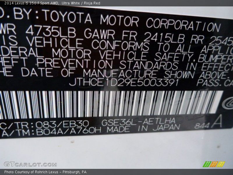 Ultra White / Rioja Red 2014 Lexus IS 350 F Sport AWD