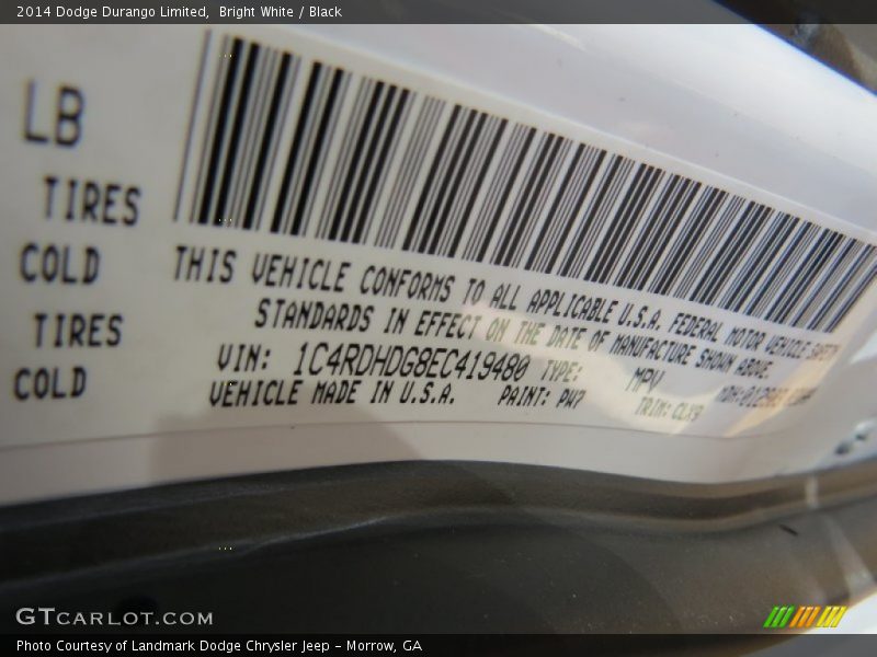 Bright White / Black 2014 Dodge Durango Limited