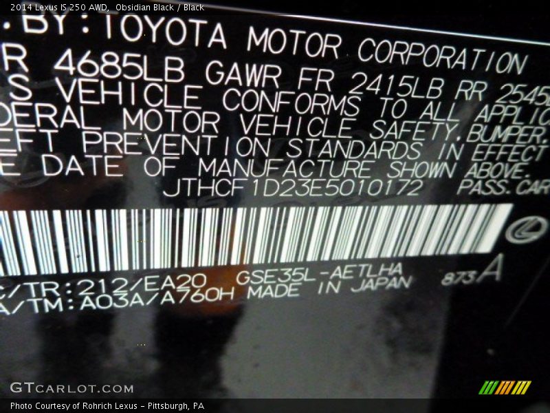 Obsidian Black / Black 2014 Lexus IS 250 AWD