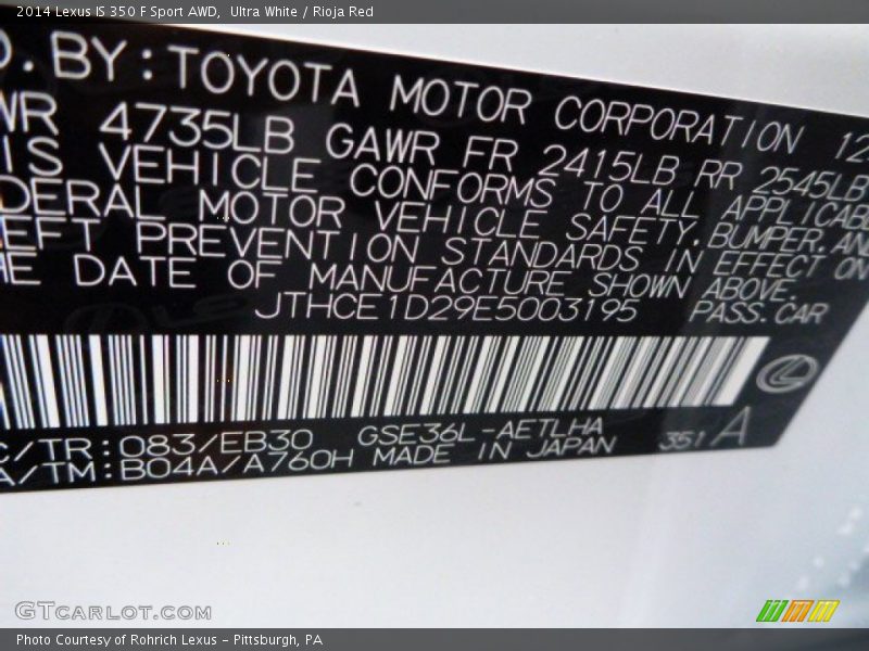2014 IS 350 F Sport AWD Ultra White Color Code 083