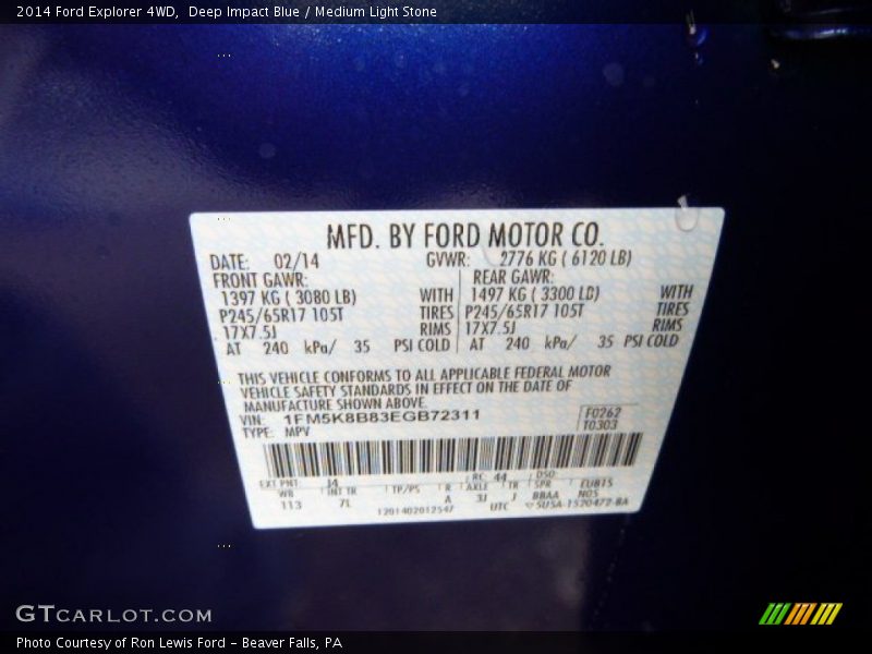 2014 Explorer 4WD Deep Impact Blue Color Code J4