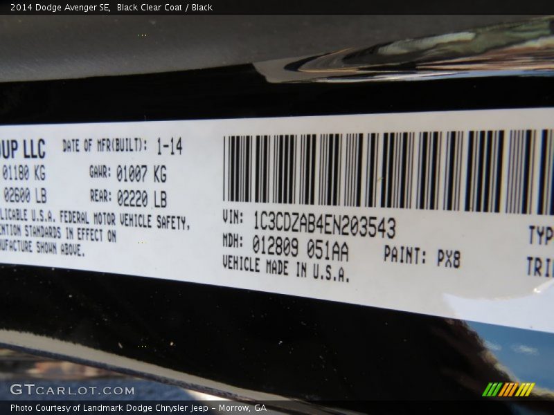 Black Clear Coat / Black 2014 Dodge Avenger SE