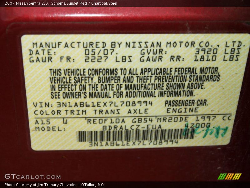 2007 Sentra 2.0 Sonoma Sunset Red Color Code A15