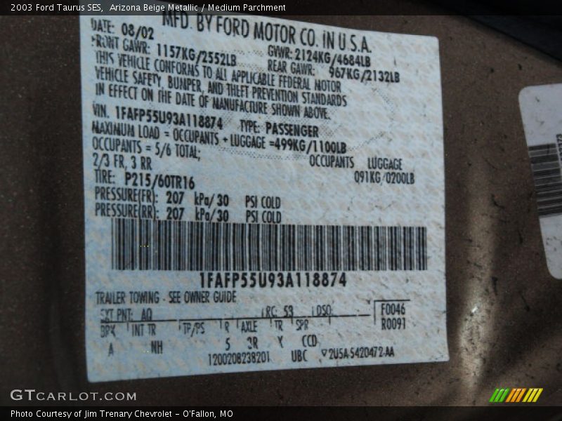 Arizona Beige Metallic / Medium Parchment 2003 Ford Taurus SES