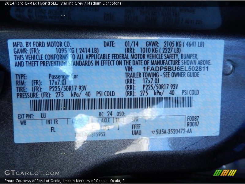 2014 C-Max Hybrid SEL Sterling Grey Color Code UJ