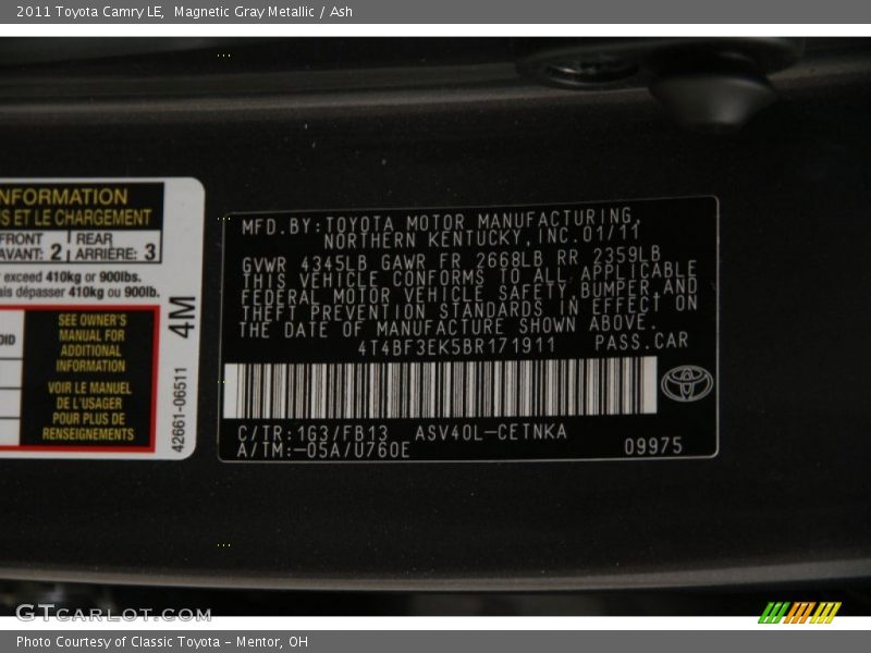 Magnetic Gray Metallic / Ash 2011 Toyota Camry LE