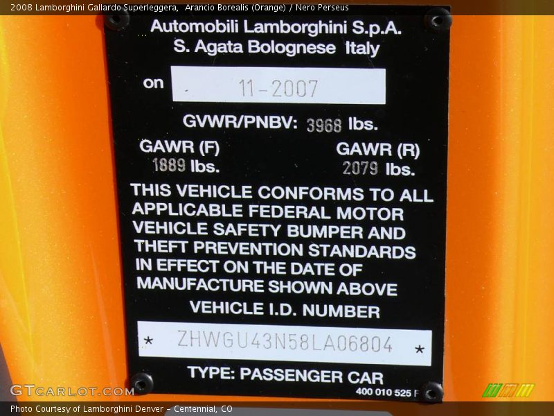 Info Tag of 2008 Gallardo Superleggera