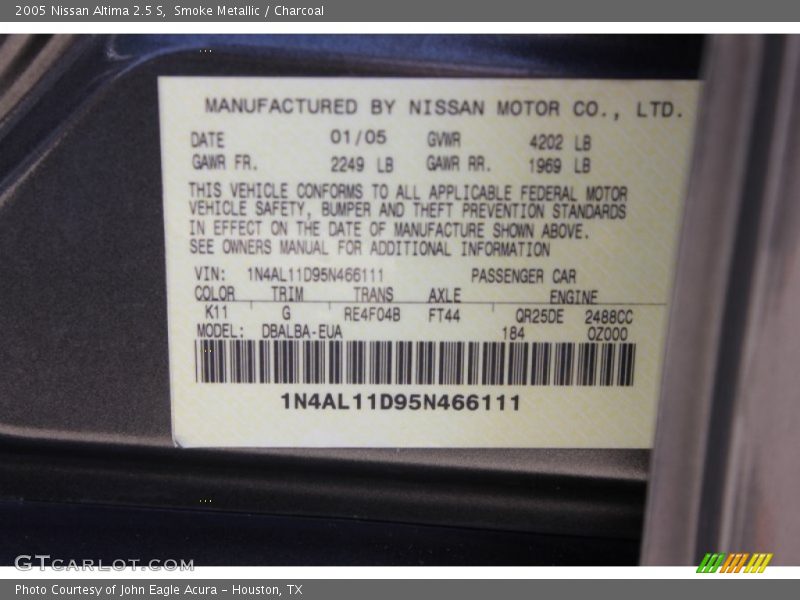 Smoke Metallic / Charcoal 2005 Nissan Altima 2.5 S