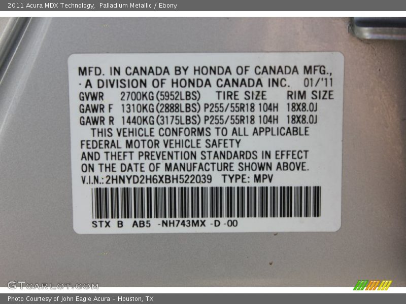 Palladium Metallic / Ebony 2011 Acura MDX Technology