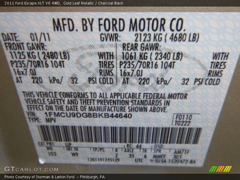 Gold Leaf Metallic / Charcoal Black 2011 Ford Escape XLT V6 4WD