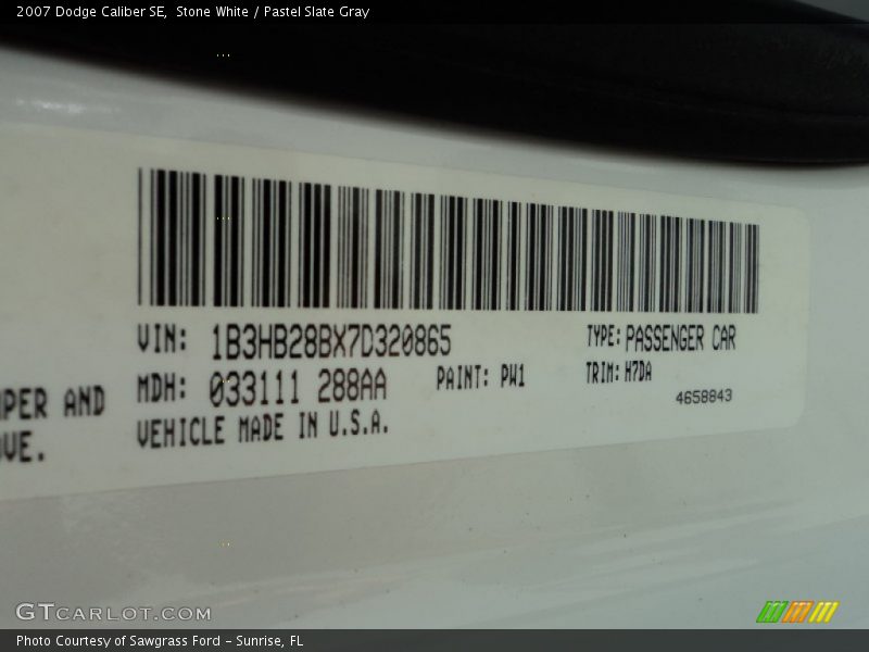 2007 Caliber SE Stone White Color Code PW1