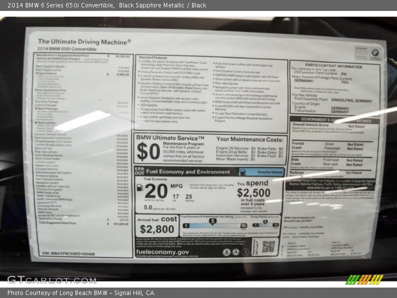  2014 6 Series 650i Convertible Window Sticker