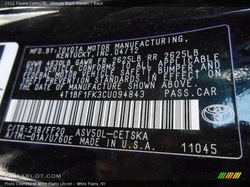 Attitude Black Metallic / Black 2012 Toyota Camry SE