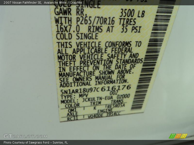 Avalanche White / Graphite 2007 Nissan Pathfinder SE