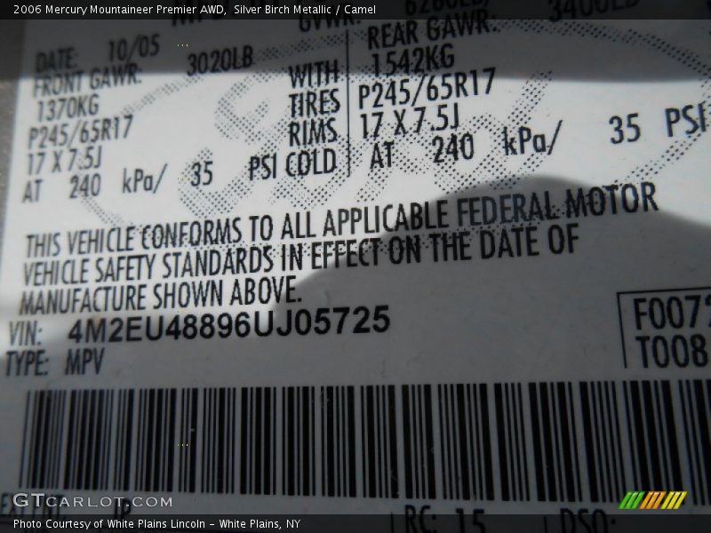Silver Birch Metallic / Camel 2006 Mercury Mountaineer Premier AWD