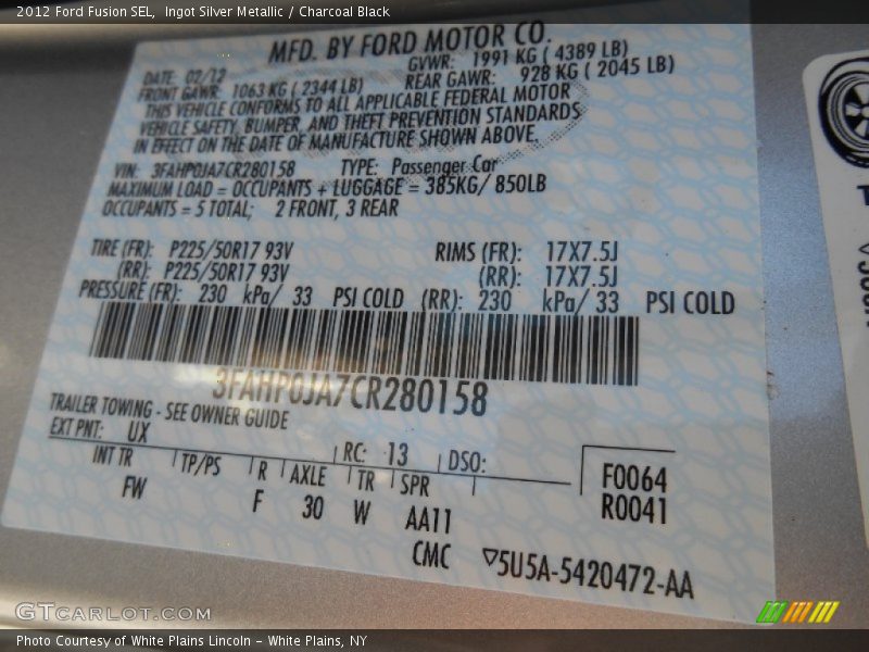 Ingot Silver Metallic / Charcoal Black 2012 Ford Fusion SEL