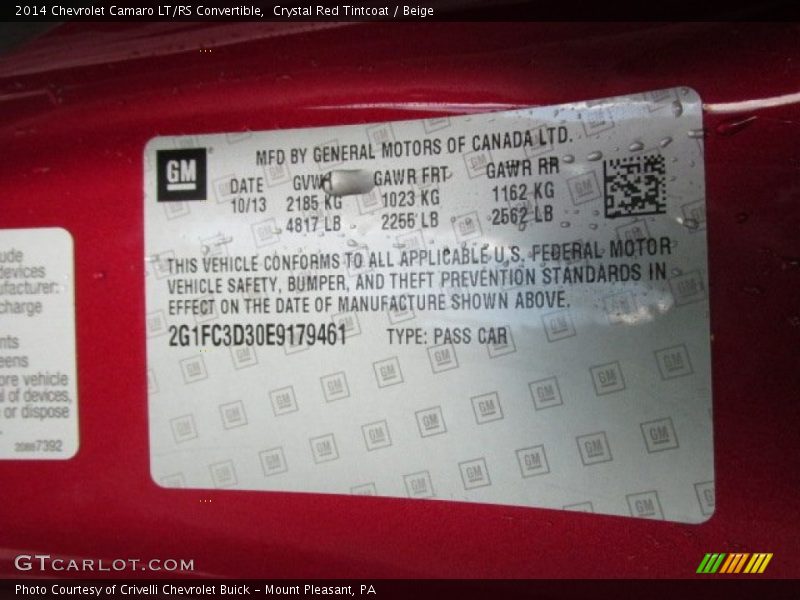 Info Tag of 2014 Camaro LT/RS Convertible