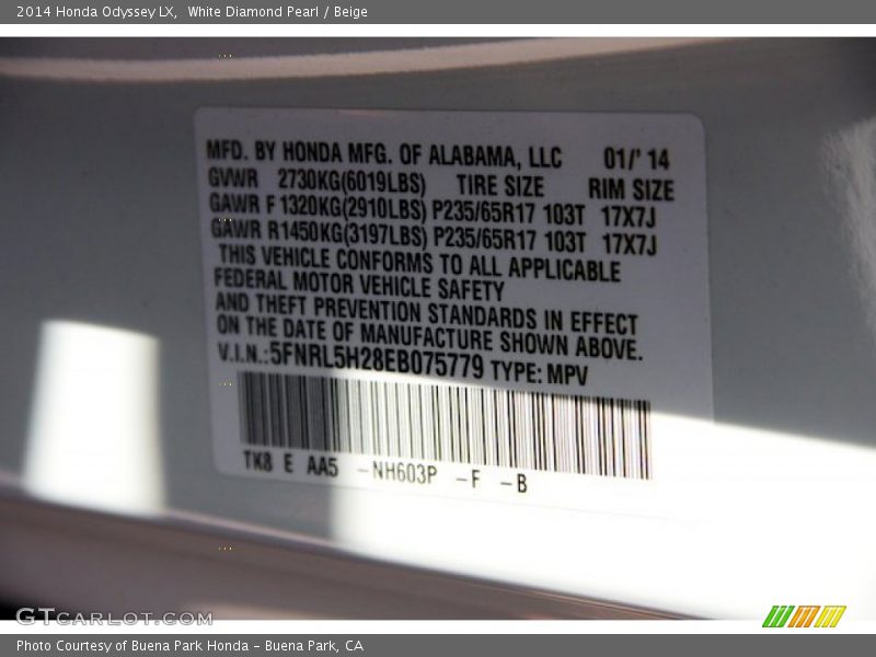 White Diamond Pearl / Beige 2014 Honda Odyssey LX