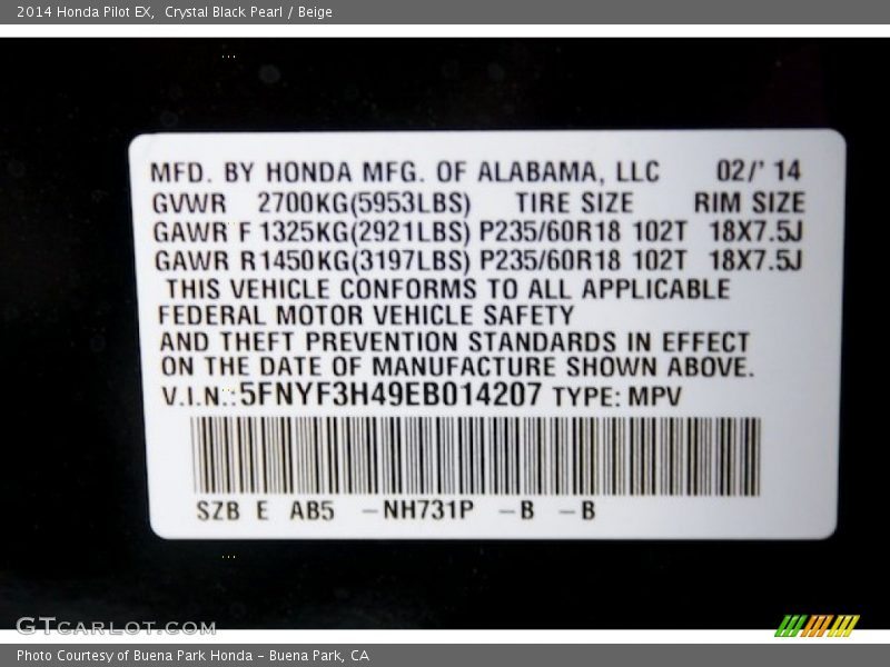 Crystal Black Pearl / Beige 2014 Honda Pilot EX
