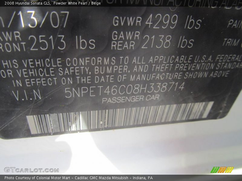 Powder White Pearl / Beige 2008 Hyundai Sonata GLS