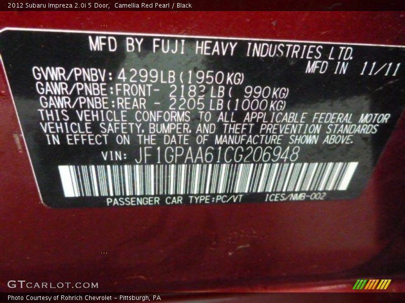 Camellia Red Pearl / Black 2012 Subaru Impreza 2.0i 5 Door