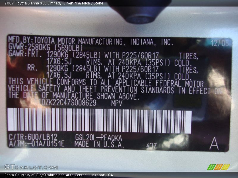 2007 Sienna XLE Limited Silver Pine Mica Color Code 6U0