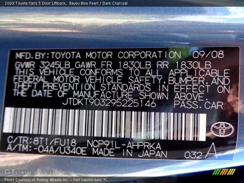Bayou Blue Pearl / Dark Charcoal 2009 Toyota Yaris 5 Door Liftback