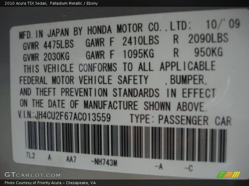 Palladium Metallic / Ebony 2010 Acura TSX Sedan
