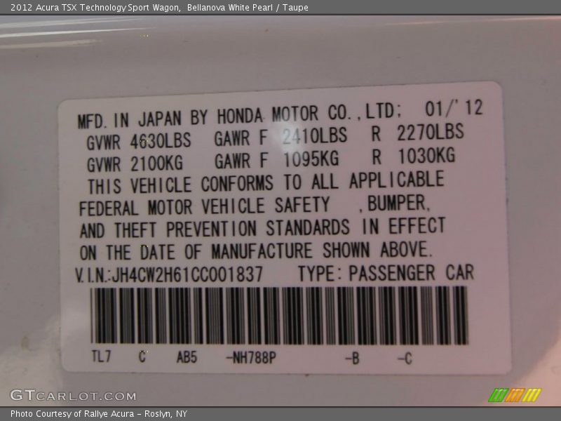 Bellanova White Pearl / Taupe 2012 Acura TSX Technology Sport Wagon