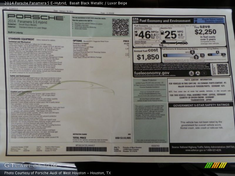  2014 Panamera S E-Hybrid Window Sticker