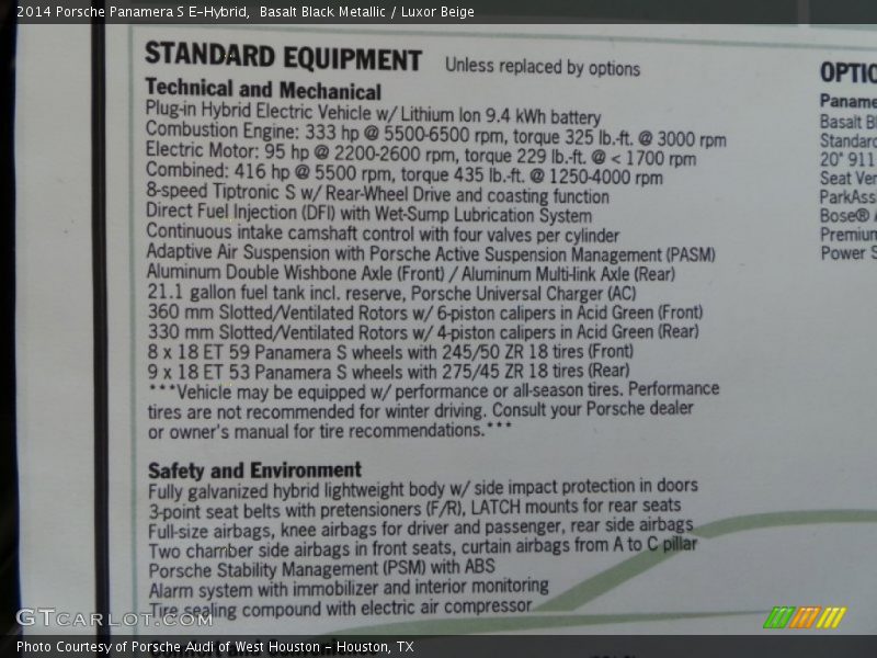  2014 Panamera S E-Hybrid Window Sticker