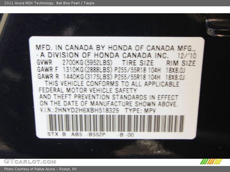 Bali Blue Pearl / Taupe 2011 Acura MDX Technology