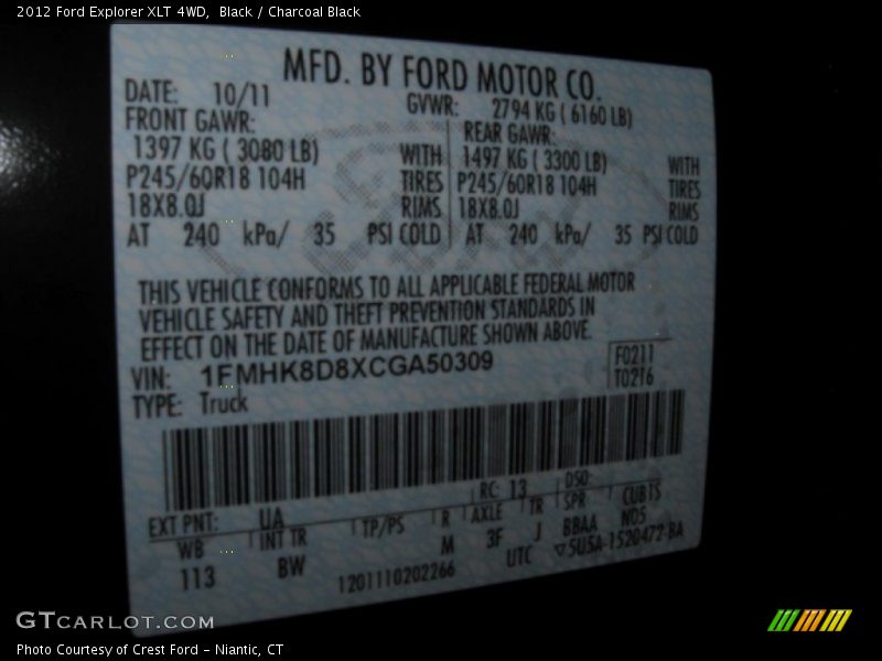 Black / Charcoal Black 2012 Ford Explorer XLT 4WD