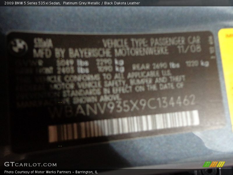 Platinum Grey Metallic / Black Dakota Leather 2009 BMW 5 Series 535xi Sedan