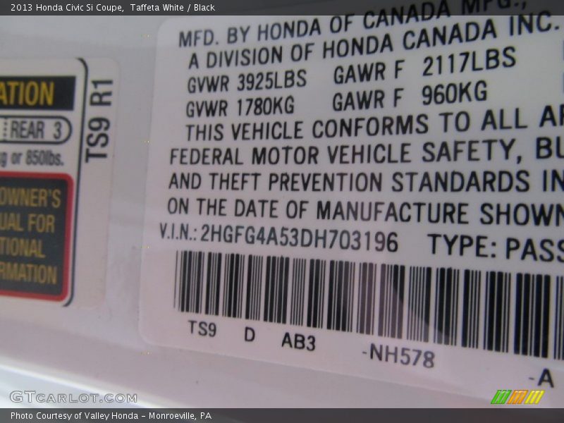 Taffeta White / Black 2013 Honda Civic Si Coupe
