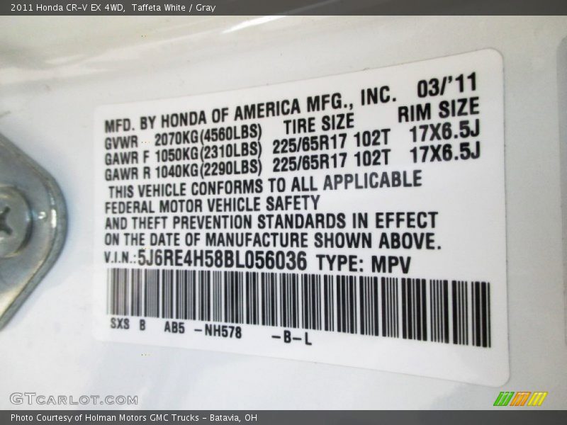 Taffeta White / Gray 2011 Honda CR-V EX 4WD