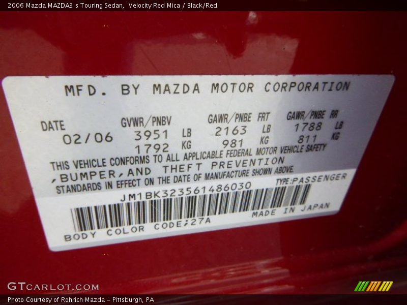 Velocity Red Mica / Black/Red 2006 Mazda MAZDA3 s Touring Sedan