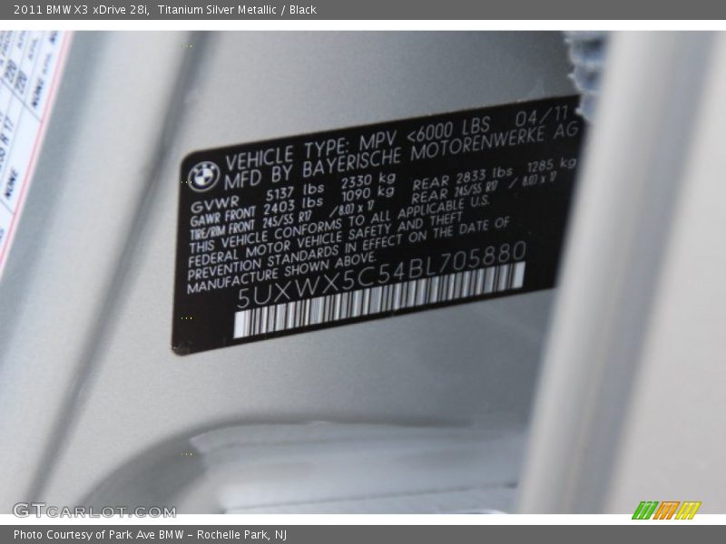 Titanium Silver Metallic / Black 2011 BMW X3 xDrive 28i